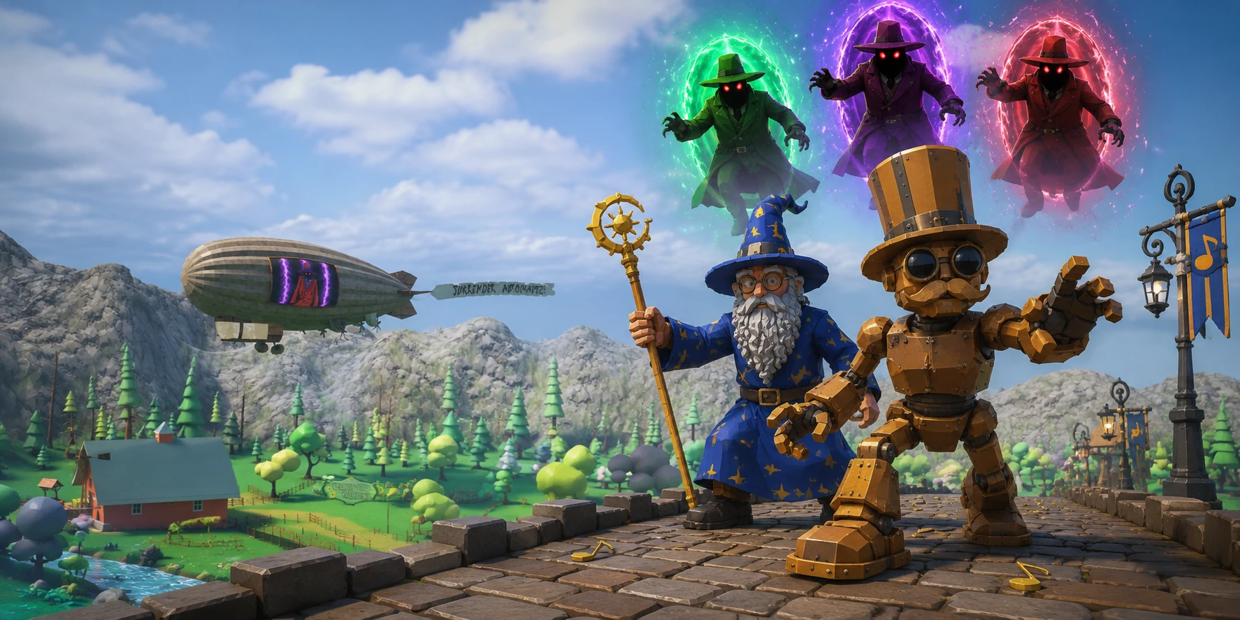 Automavoz and the Wizard of Voz face the three Dream Stealers emerging from magical portals over the floating town of Songburg